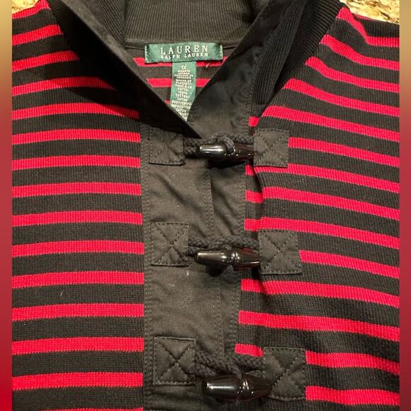 Lauren Ralph Lauren Womens 1X Black and Red Stripes Top with Toggle Closure - Picture 3 of 8